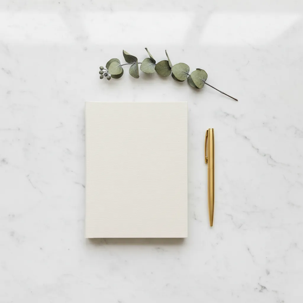 תכנון חתונה — מחברת ועט על משטח שיש